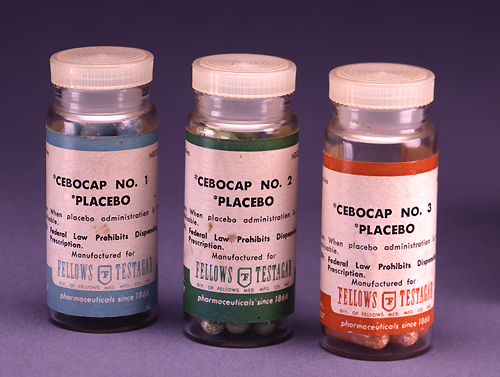 A bottle of placebo capsules labelled for research use