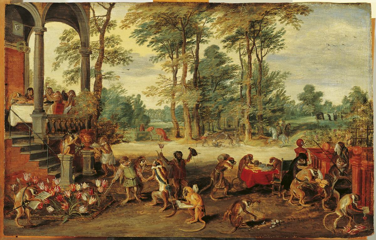 Jan Brueghel the Younger’s painting satirising tulip mania, with monkeys dressed as speculators