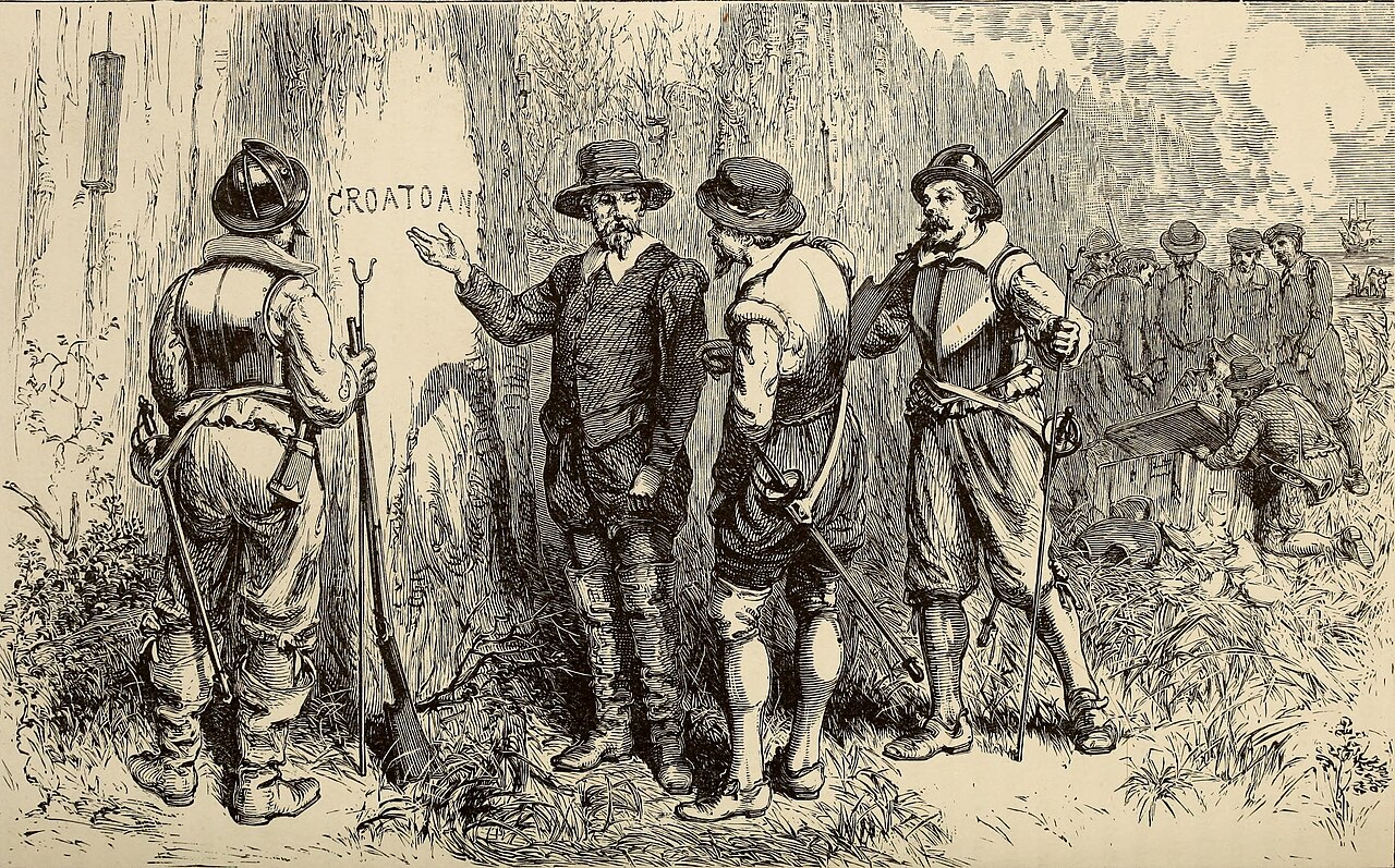 Nineteenth-century engraving of John White discovering the word CROATOAN carved on a post
