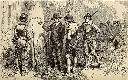Nineteenth-century engraving of John White discovering the word CROATOAN carved on a post