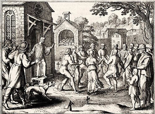 An early engraving of pilgrims seized by dancing mania, after a drawing by Pieter Bruegel the Elder