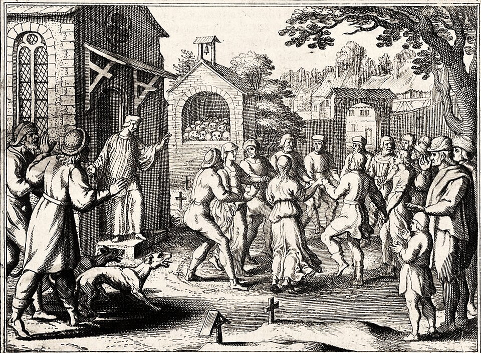 An early engraving of pilgrims seized by dancing mania, after a drawing by Pieter Bruegel the Elder