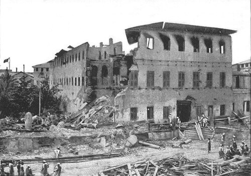 The sultan's palace complex in Zanzibar Town, wrecked by the British bombardment of 27 August 1896