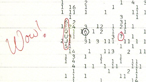 The 1977 Big Ear printout with the sequence 6EQUJ5 circled and “Wow!” written in the margin