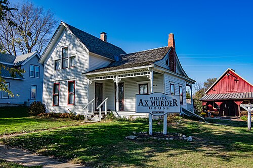 A small white two-storey wooden house in Villisca, Iowa