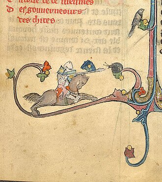 Medieval manuscript illustration of an armoured knight charging at a snail