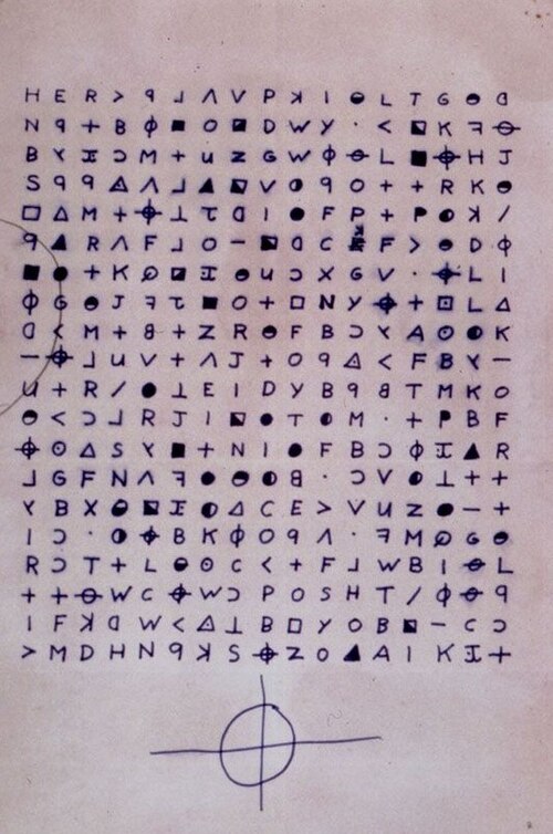 A page covered in rows of hand-drawn letters and symbols