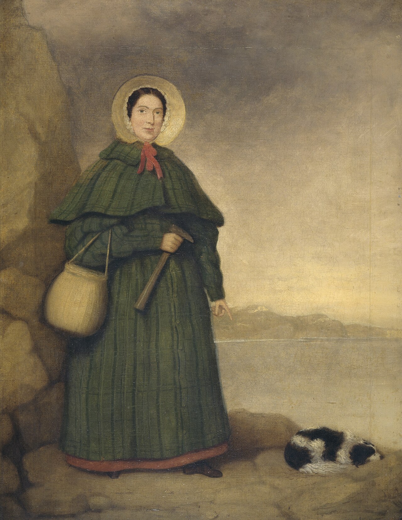Painted portrait of Mary Anning with her dog Tray and a geological hammer